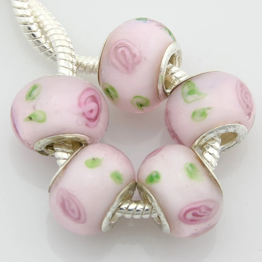 5pcs /Lot Pink Murano Glass Lampwork Beads Handmade Big Hole For European Charm Bracelets & Bangles Jewelry DIY G8