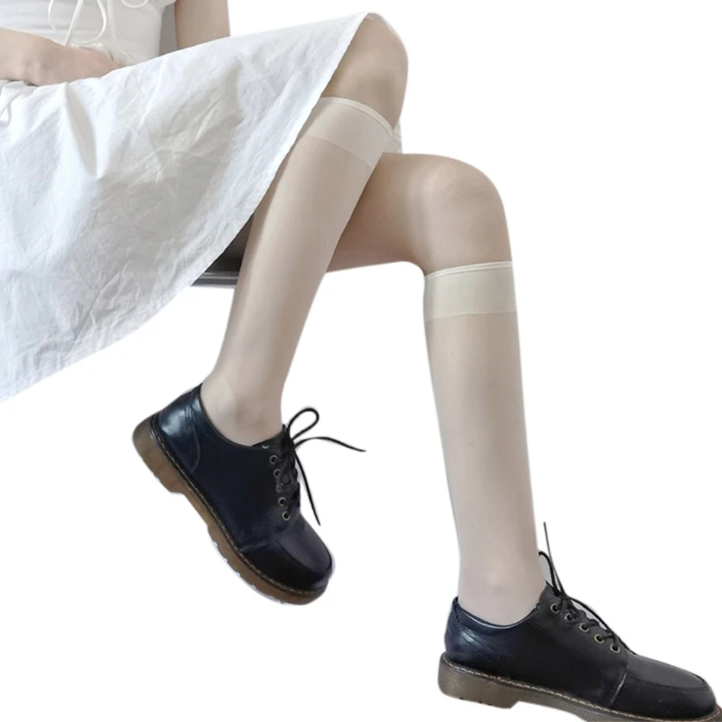   Women Transparent Silky Calf Socks Solid Color Lolita Sheer Knee High Stockings