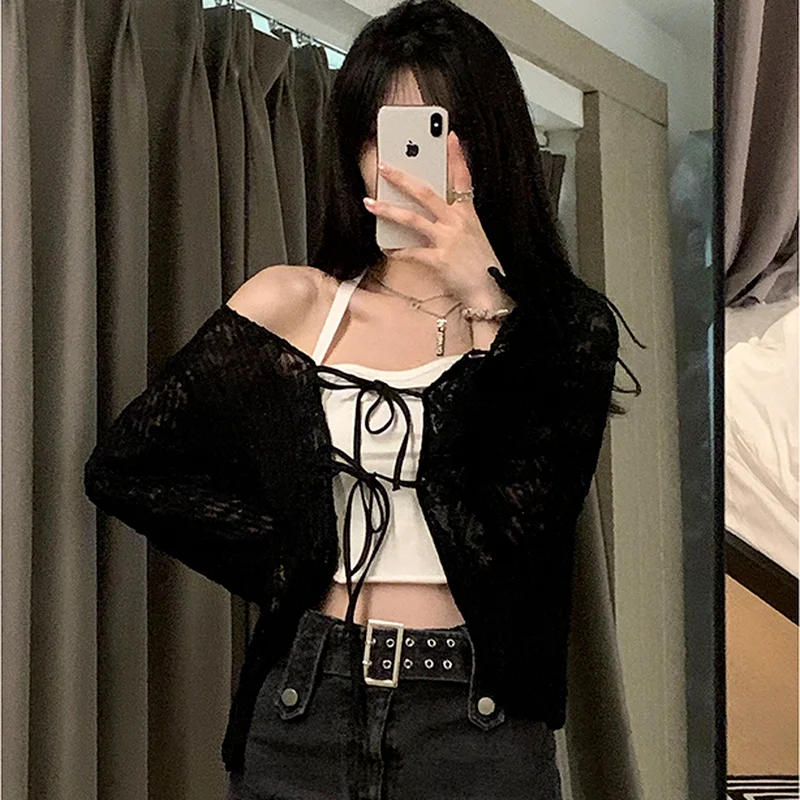 Blouses Women Solid Tops Sun-proof All-match Daily Sweet Mesh Open Stitch Cozy Crop Quality Soft Lace Mujer Design Streetwear