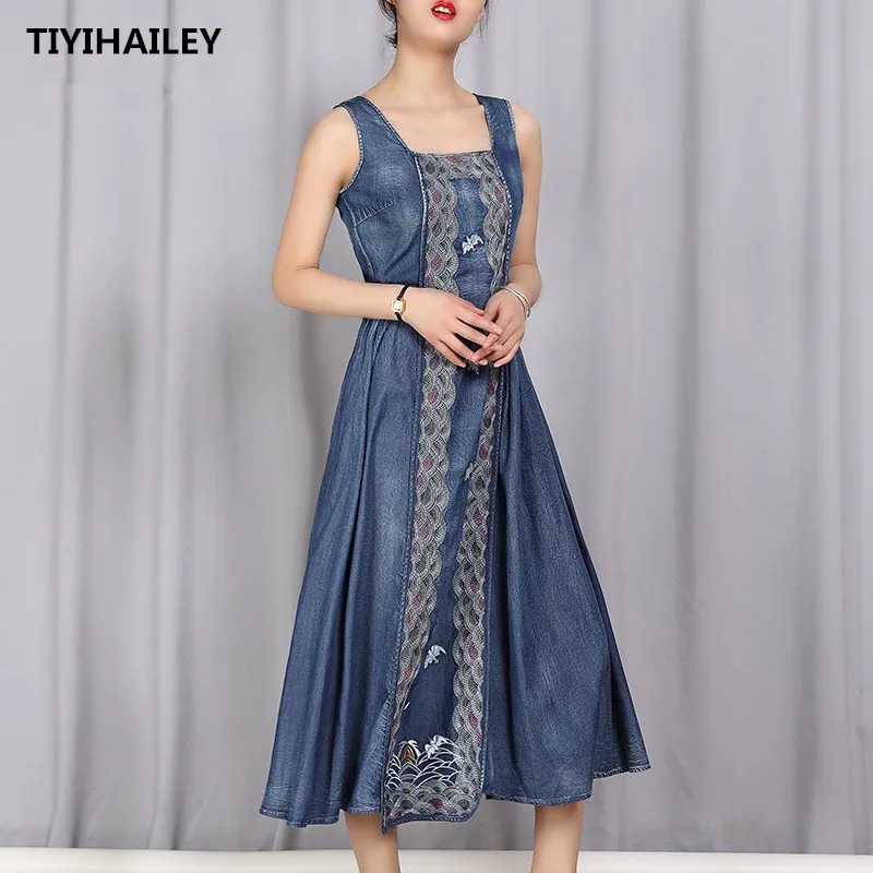 

TIYIHAILEY 2022 New Free Shipping Vintage Women Long Mid-calf Summer Denim Cotton S-XL Sleeveless Embroidery Bid Hem Dresses