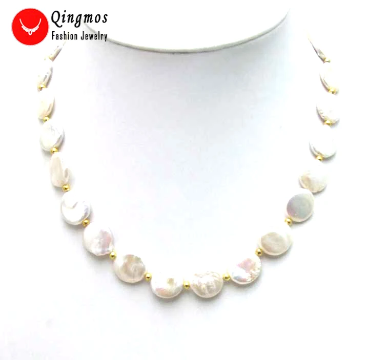 

Qingmos Natural White Pearl Necklace for Women with 13-14mm Coin White Pearl Chokers Necklace Fine Jewelry 17" Colar nec5228