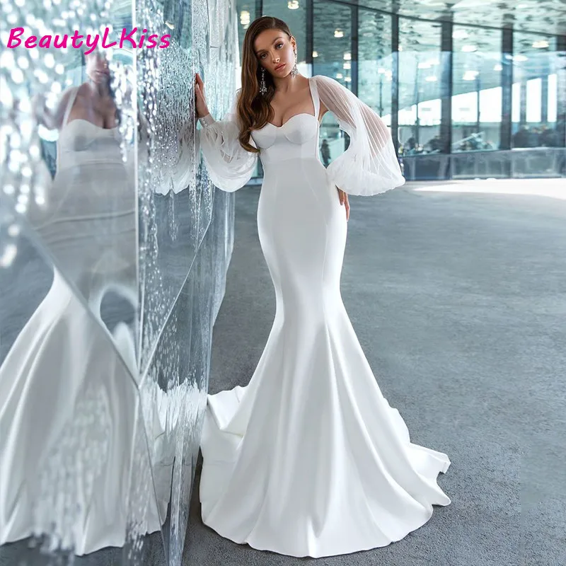 Phồng Dài Tay Satin Hở Lưng Sang Trọng Cô Dâu Đồ Bầu Cho Nữ Nàng Tiên Cá Váy Áo Càn Quét Tàu Vestidos De Noiva