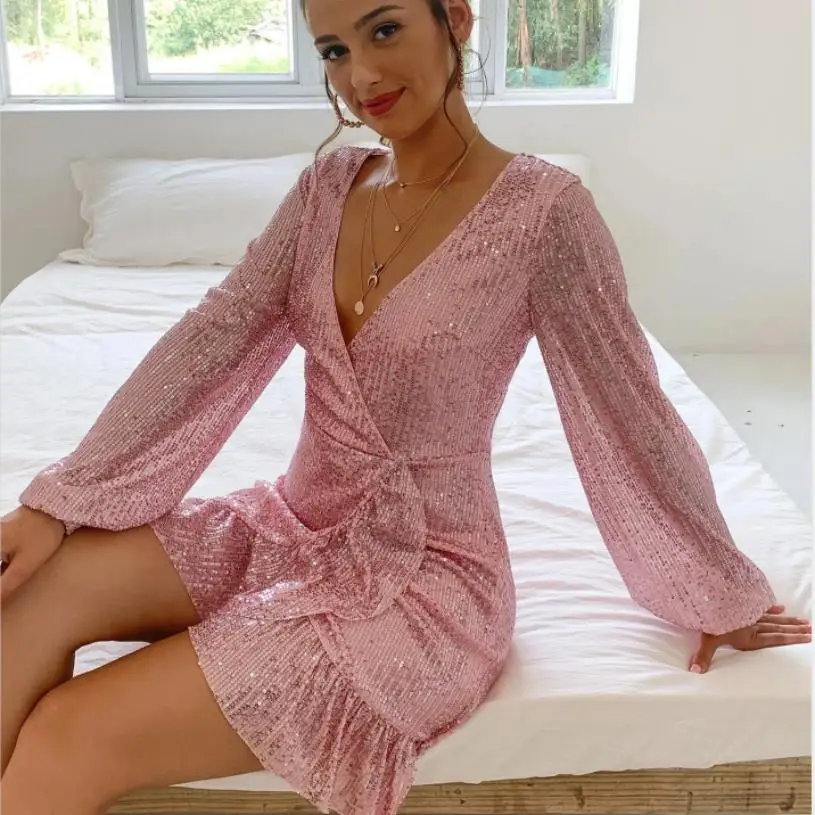 RedChilli 2024 Latest Spring/Autumn Long-Sleeved V-Neck Pink Sequins Tight Hip Party Dress Sexy Irregular Mini Dress