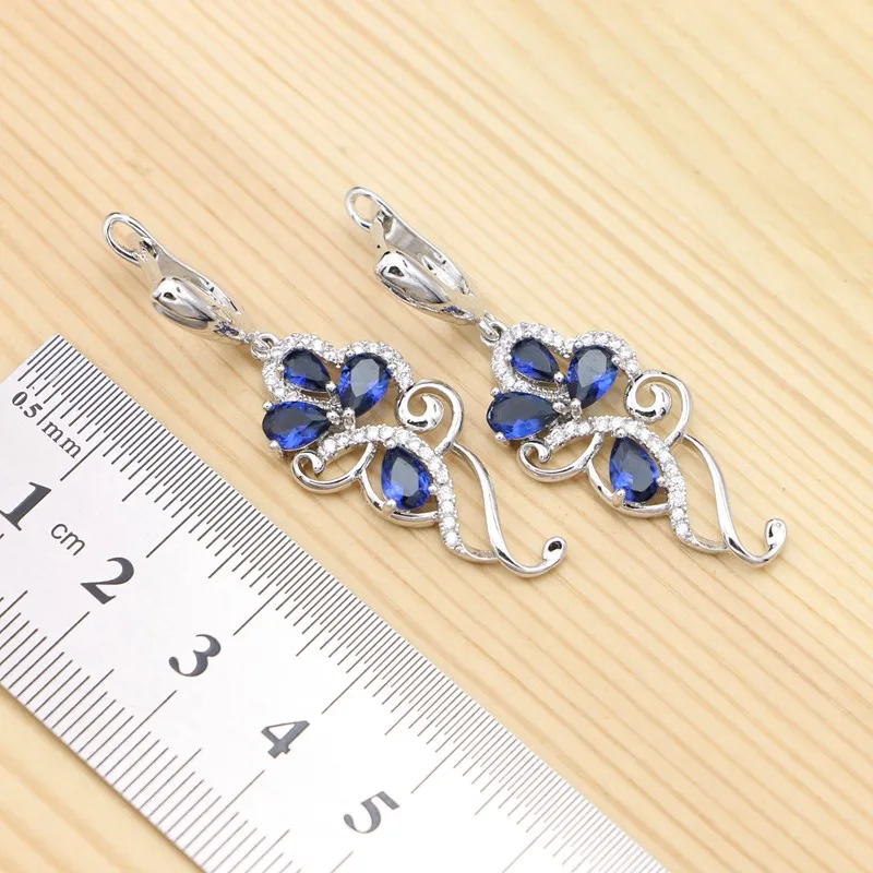 925 Silver Jewelry Sets for Women Party Accessories Natural Blue Sapphire White Crystal Pendant Necklace Ring Earrings Set