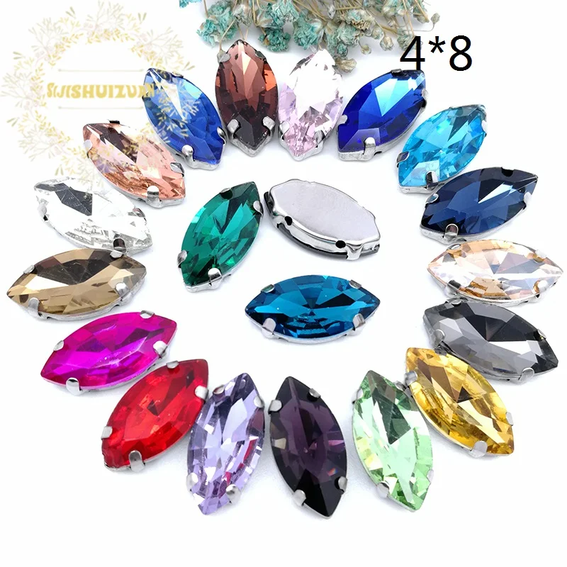 Strass en Verre en Forme d\'Oeil de Cheval/Cuir oral elu, avec Griffe à Coudre, Pierre de Clip Strass, Base en Métal Diamant pour Vêtements, 4-32mm