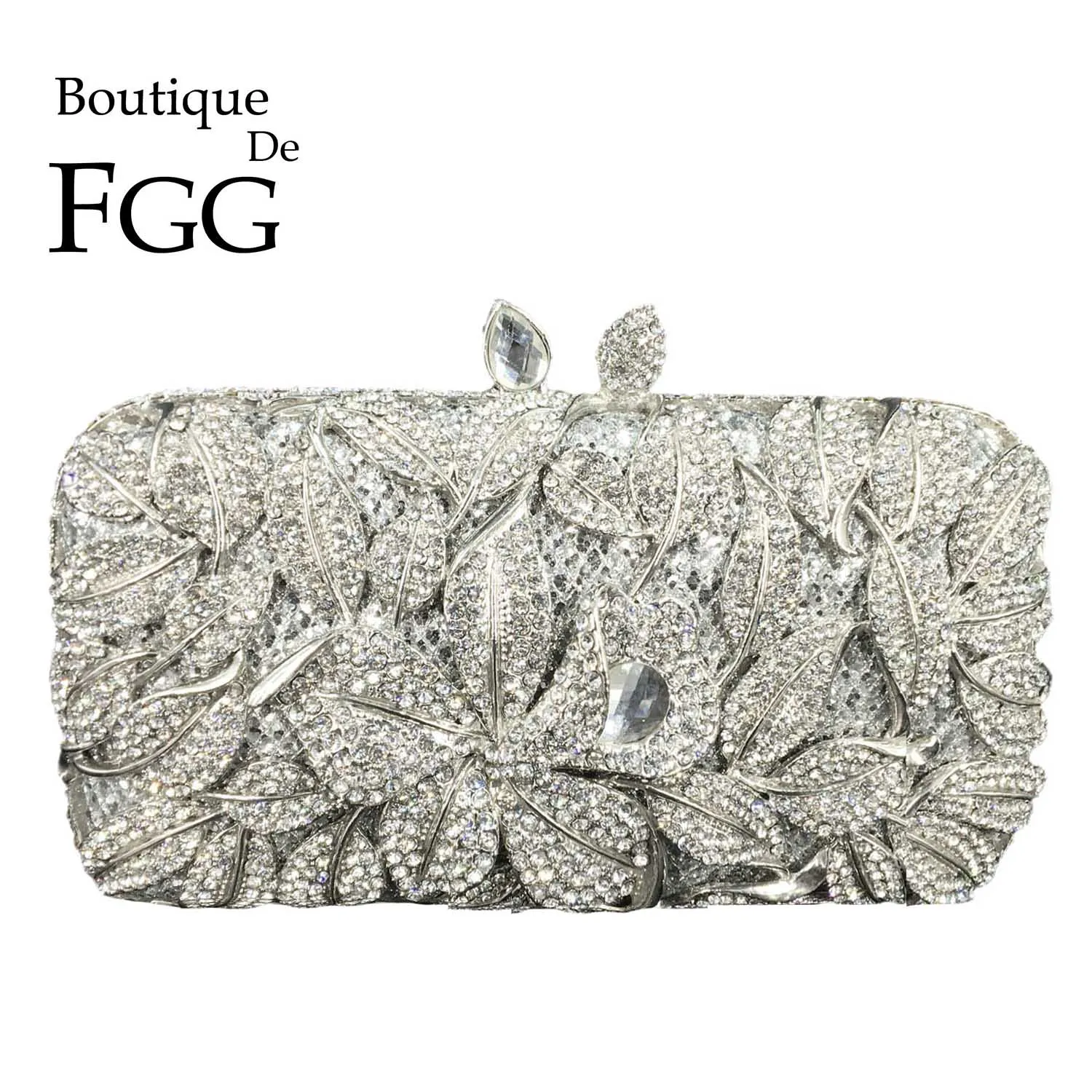 

Boutique De FGG Women Silver Flower Evening Bags and Clutches Formal Party Dinner Rhinestone Clutch Purse Wedding Handbag