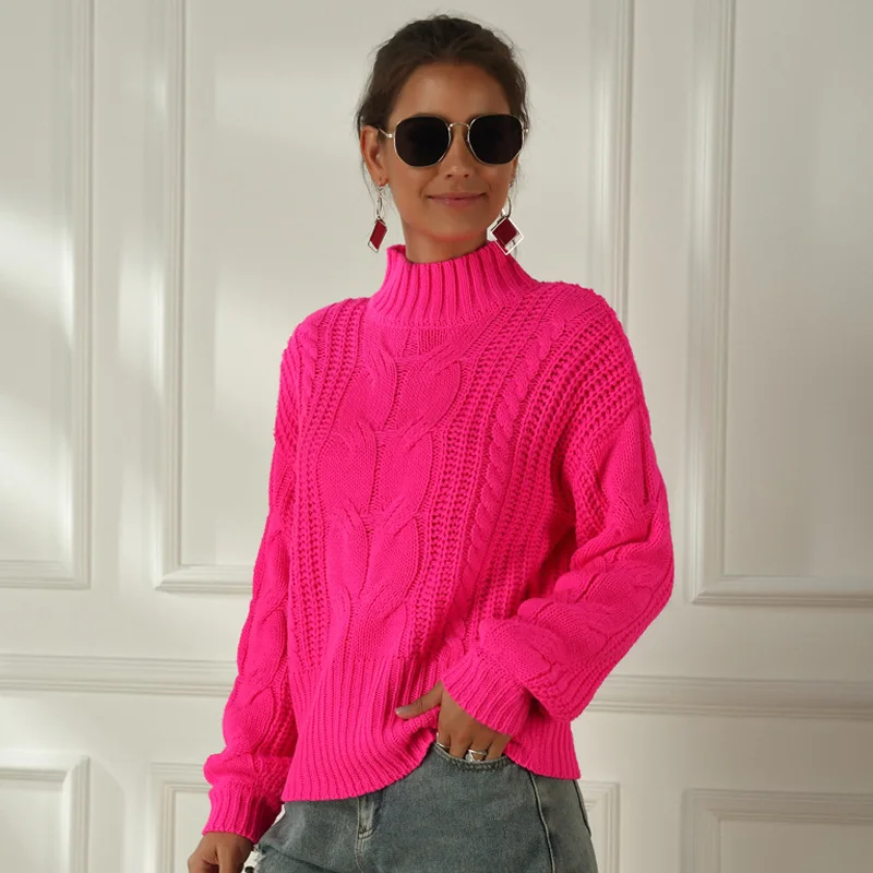 Neon Pullover Frauen Gestrickte Fuchsia Rosa Solide Halb Rollkragen Pullover Lange Casual Lose Stricken Shirts Weibliche Jumper