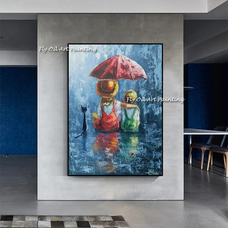 

High Quality Modern Wall Art Oil Painting Two Kids 100% Handmade Modern Canvas Abstract Lover with Red Umbrella Oil Painting