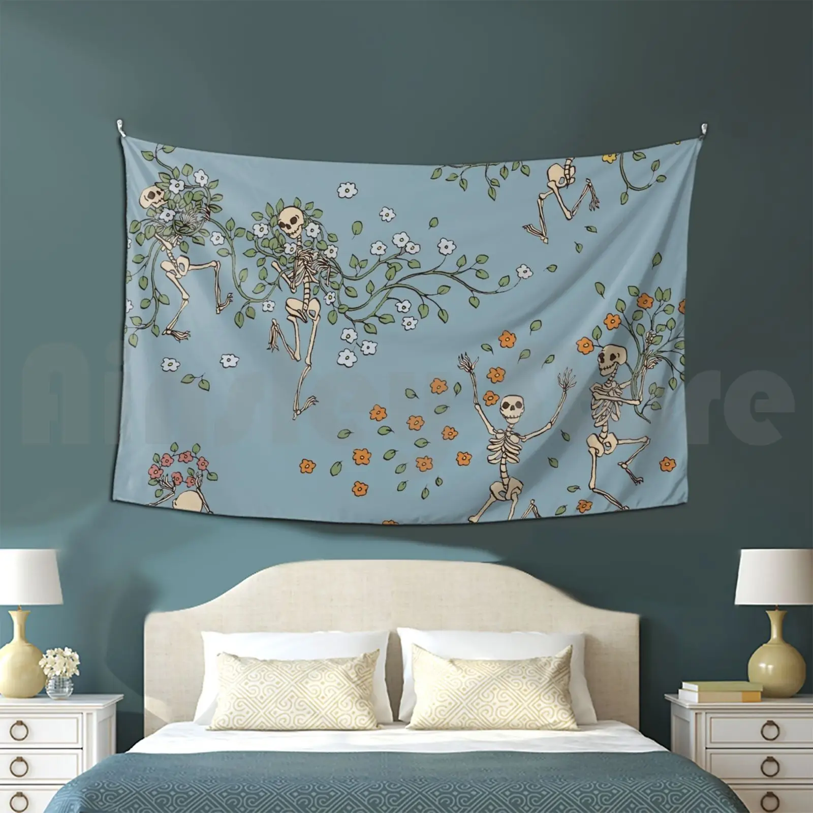 Skeletons With Garlands Tapestry Living Room Bedroom Skeleton Skeletons Bones Spooky October Halloween Flowers Garlands