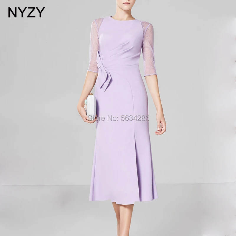 Robe pour mère de la mariée, élégante, en mousseline Lilac, manches 1/2, courte, pour soirée Cocktail, mariage, vêtements d'invitées, 2020, NYZY M5