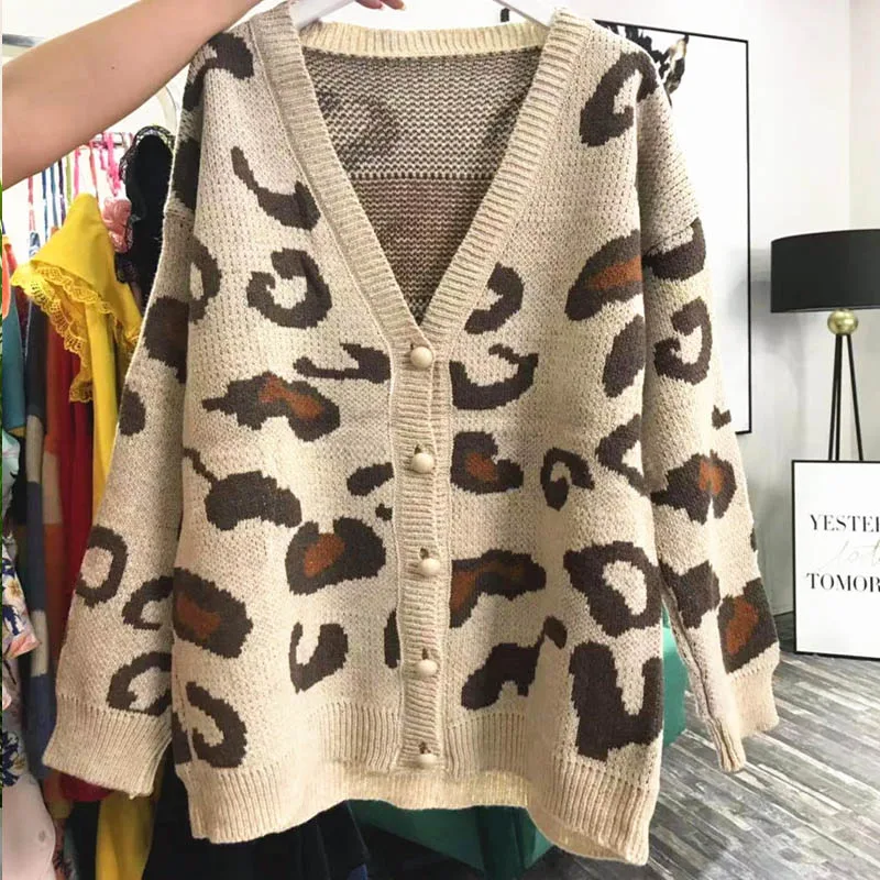 OUMENGKA Women Sweaters Autumn Winter 2022 Fashionable Casual Leopard V-Neck Single Breasted Puff Sleeve Loose Cardigans Coat