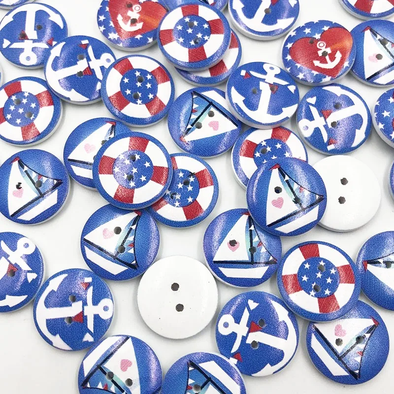 50Pcs Blue Sailing / anchor / Flag Wood Buttons Clothing sewing 20mm WB703