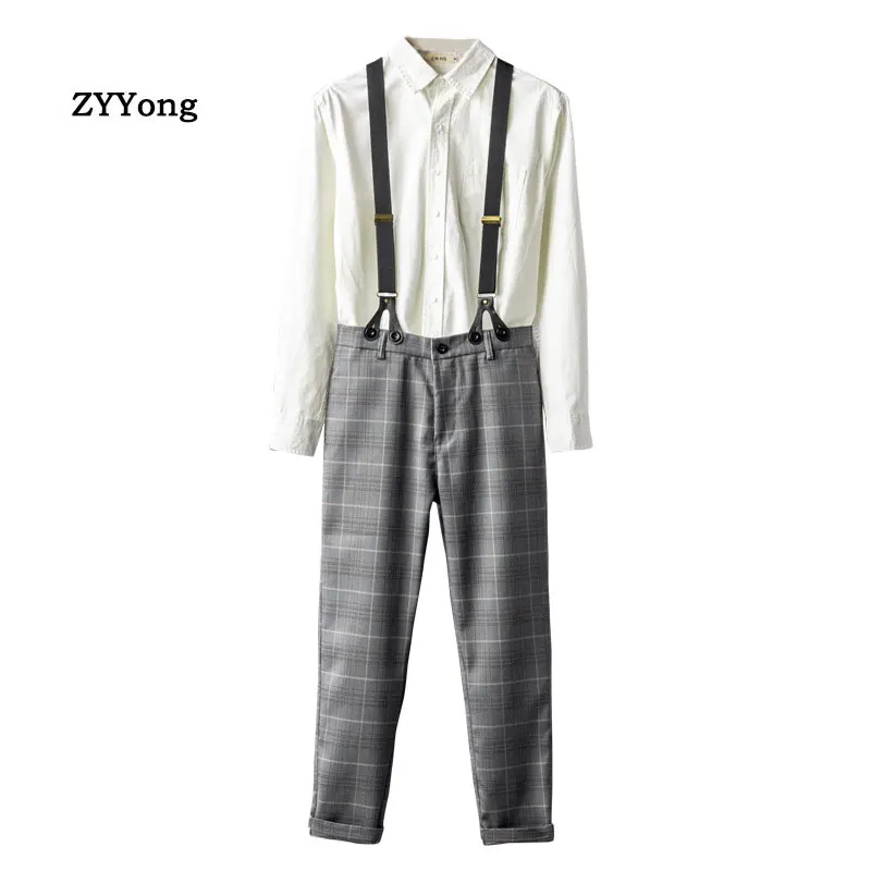 New Men's Bib Overalls Business Leisure Gray Lattice Suit Pants Large Size Gentleman Style Slim Jumpsuits Office Trousers