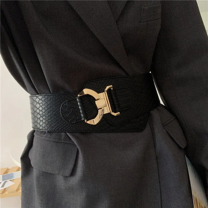 

Women's Runway Fashion Elastic Black PU Leather Cummerbunds Female Dress Corsets Waistband Belts Decoration Wide Belt R2551