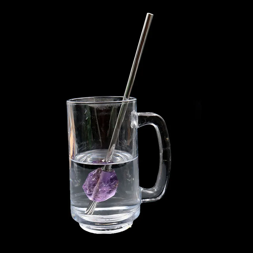 XSM Eco-friendly Drinking Straw Natural Amethysts Quartzs Crystal Reusable Steel Beverage Straw With Brush Party Bar Jewelry