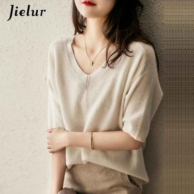 Jielur Solid Colour Knitted Women\'s Sweater Short-Sleeved Ladies V-Neck Cotton Pullover Korean Bottoming Shirt Sweater Summer