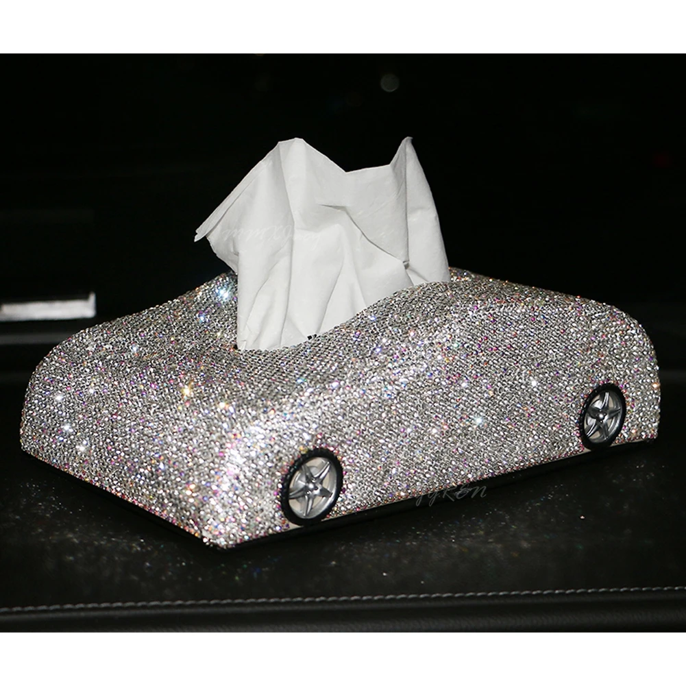 1pc Car Napkin Box Set Rhinestone Delicate Seating-type Stylish Bling Car Model Type Tissue Box