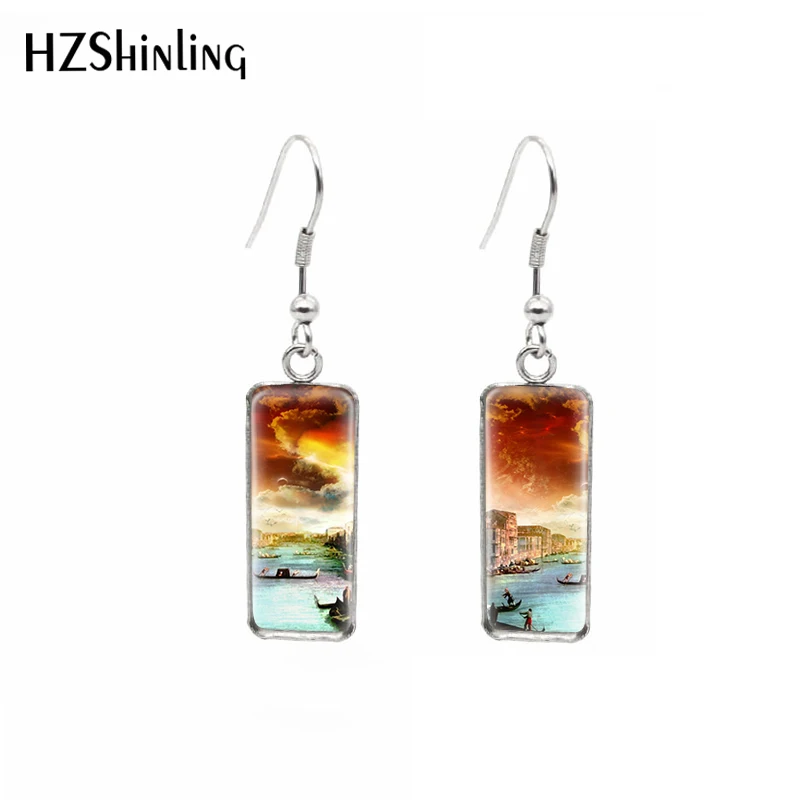 1 pair 10*25mm Rectangle French Hook Earrings Glass Cabochon oil paintings fantasy art venice Printing Jewelry Earrings