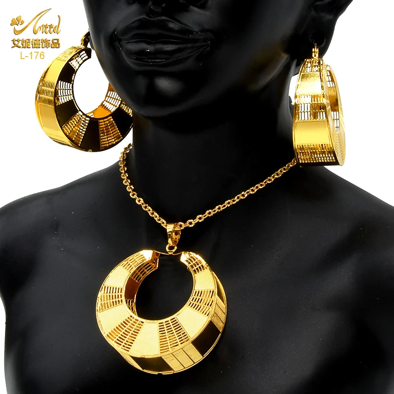 

ANIID African Gold Color Jewelry Necklace Set Fashion Pendant Jewellery Geometry Necklace Earrings For Engagement Party Gifts