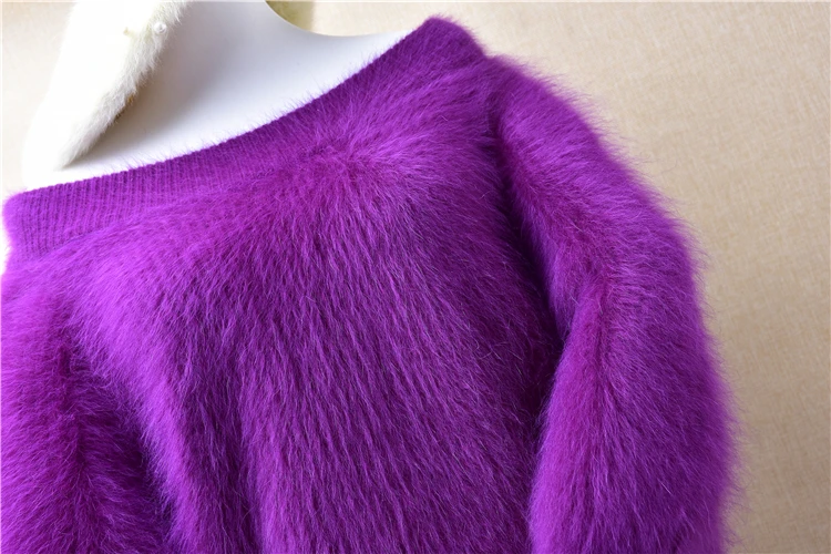 ladies women winter thick warm short style slash neck mink cashmere seven puff sleeves pullover angora rabbit fur winter jumper