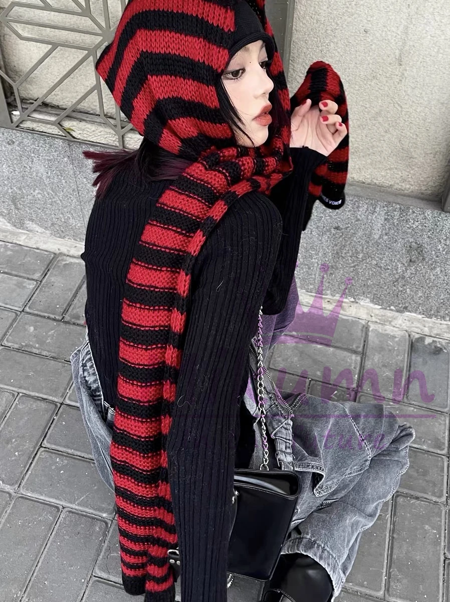 Mikumn Harajuku Punk Fashion Grey Red Black Striped Scarf Women Girl Winter Warm Knitted Scarves Streetwear