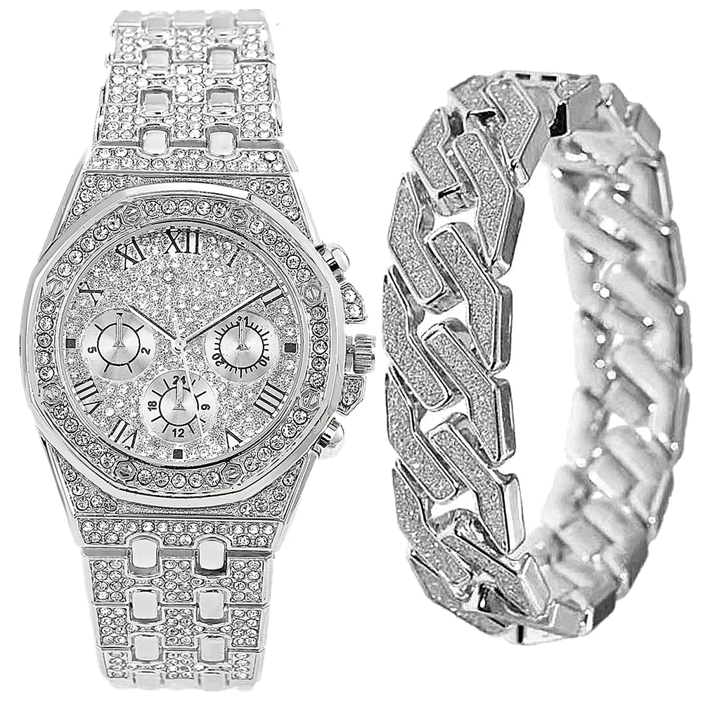 Reloj de pulsera de oro para hombres, mujeres y niños, cadena cubana, Bling Iced Out, marca superior de lujo, Conjunto de reloj, regalo para