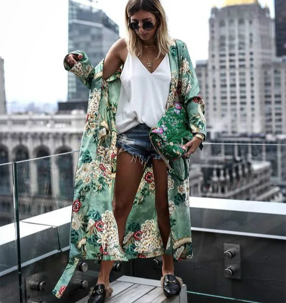 TEELYNN green floral print satin kimono kaftan women bikini cover up vintage long sleeve autumn robe vestidos boho beach blouses