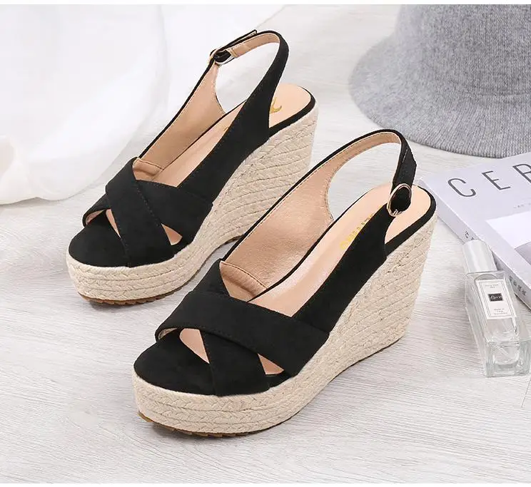 31-44 Women\'s Shoes Sandals 10cm High Heel Straw Wedges Heel Sandals Woman Platform Green Sandals