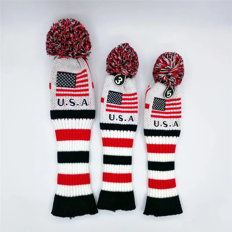 

USA Flag Pompom Golf Headcovers Knit Cash Money Golf Driver Fairway Woods Covers #1 #3 #5 3Pcs/Lot Golf Clubs Accessories