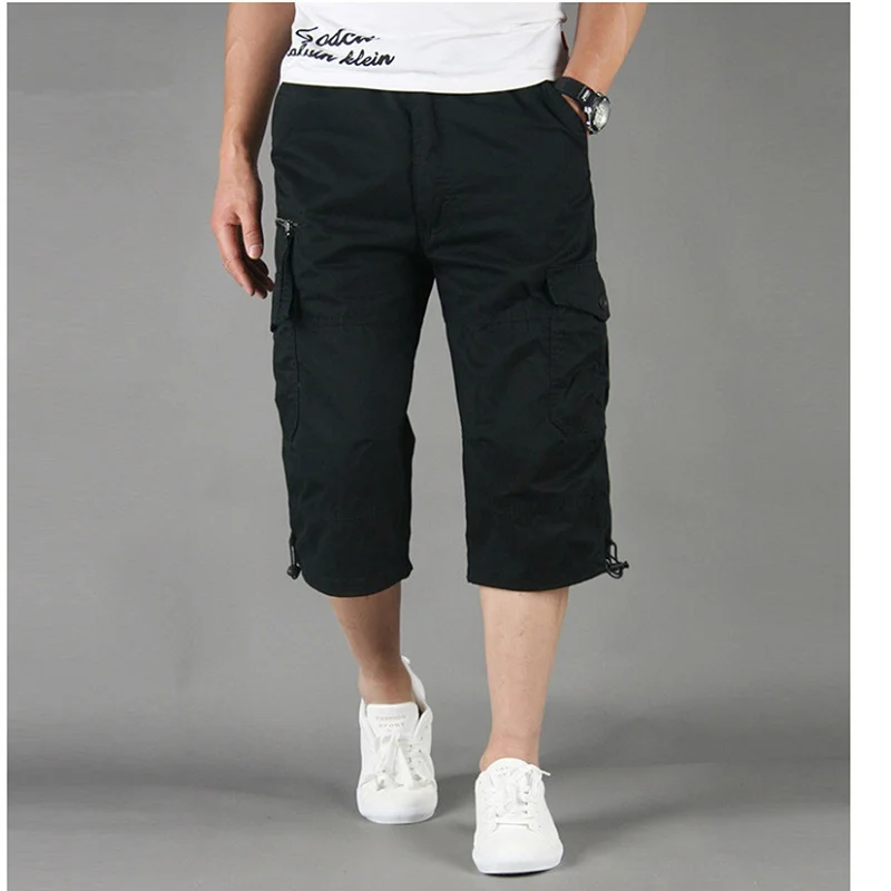 Men's Summer Breeches Long Shorts with Pockets Military Zipper Cargo Shorts Tactical Bridges Short for Men Army Green Khaki