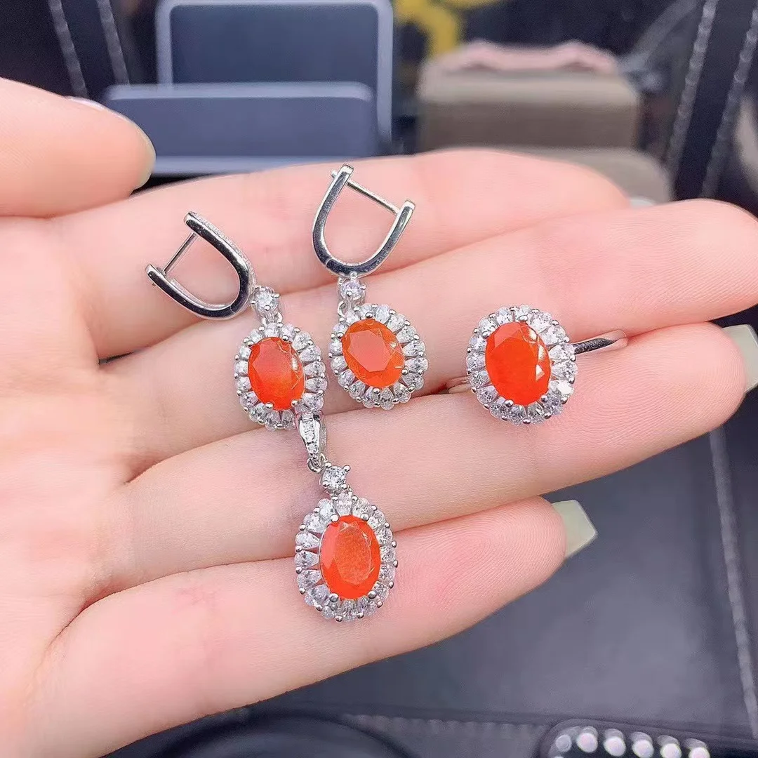 Natural Mexican Orange Fire Opal Silver Jewelry Set Ring Earrings Pendant Women S925 Engagement Jewelry