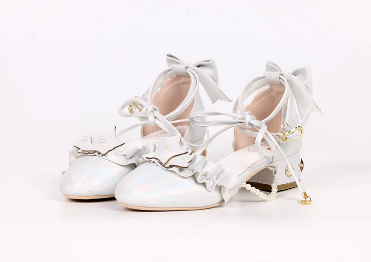 Summer kawaii girl sweet lolita shoes vintage round head thick heel women shoes cute lace ruffle bowknot pearl kawaii sandals