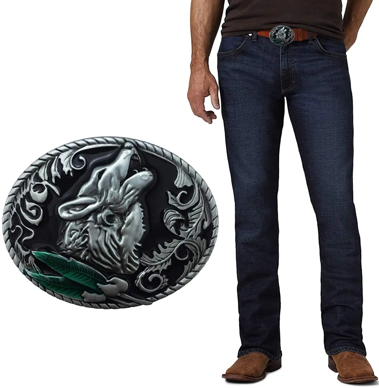 

Western Cowboy Men Cool Wolf Oval Belt Buckle Black Enamel