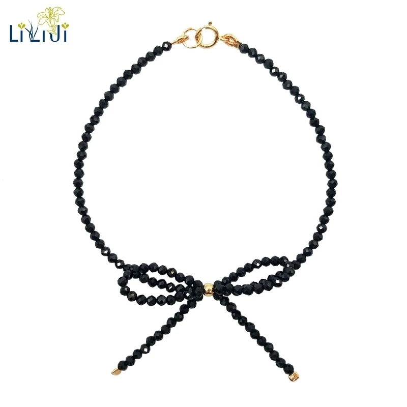 

Lii Ji Black Spinel 2-3mm Faceted Beads Bowknot 925 sterling silver Fashion Bracelet 7''-8''