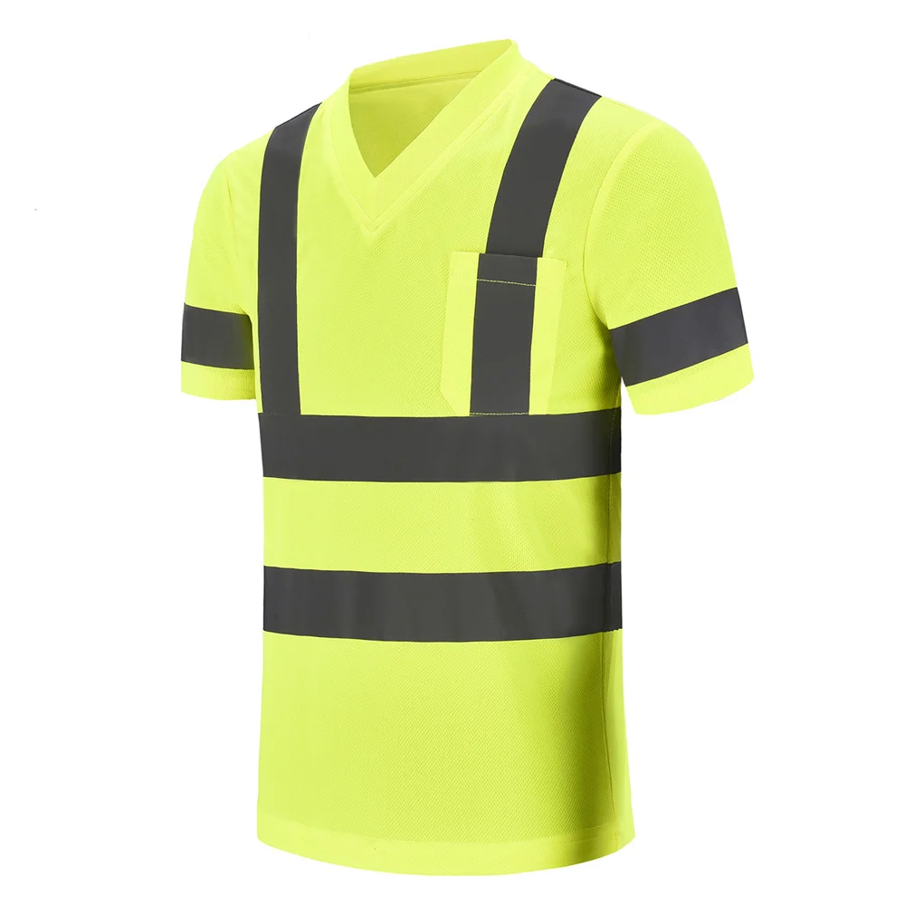 Aykrm oi vis t-camisa reflexiva segurança v pescoço secagem rápida ajuste workwear colete fluorescente amarelo trabalho topos engenheiro de