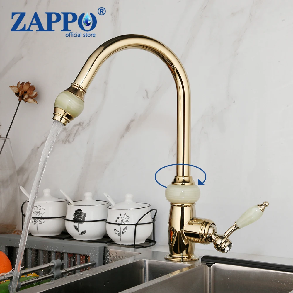 

ZAPPO Golden Plated Kitchen Faucet Jade & Diamond Handle Tap for Sink Kitchen Basin Mixer with360 Rotated Spout Brass Faucets