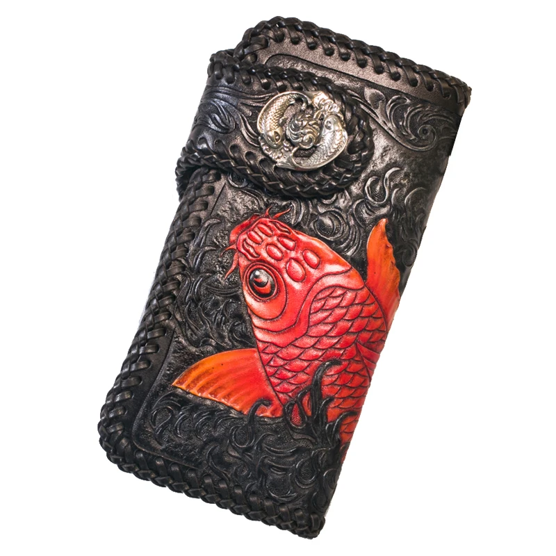 Handmade Knitting Women Men Genuine Leather Card Holder Red Carp Wallets Purses Clutch Vegetable Tanned Leather Wallet