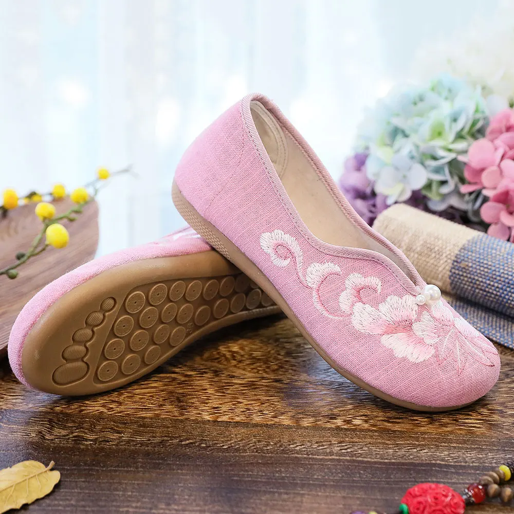 Veowalk  Women Comfortable Cotton Fabric Slip On Ballet Flats Chinese Embroidery Ladies Casual Ballerinas Shoes  Pink Mint White