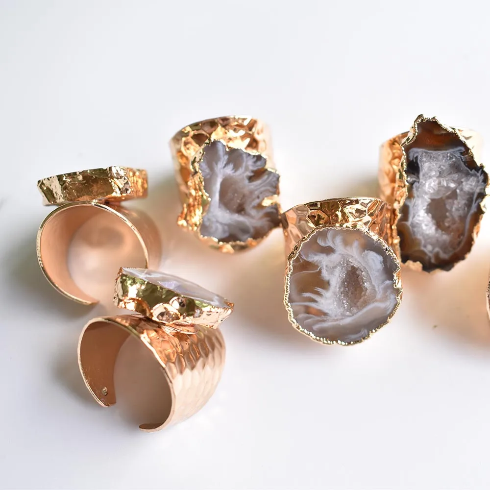 Wholesale 6pcs/lot Natural Brazilian Electroplated Color Edged Slice Open Agates Rings  Women Wedding Engagement Ring Set view 2