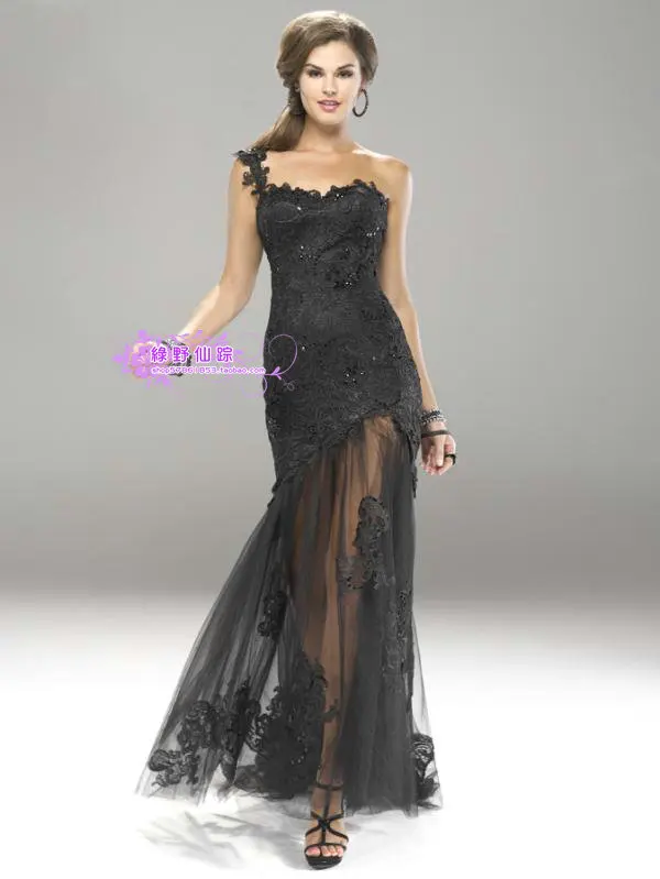 Vestidos graduacion 패션 블랙 한 어깨 formales 맥시 가운 긴 레이스 섹시한 의상 사용자 정의 블루 댄스 파티 홈 커밍 드레스