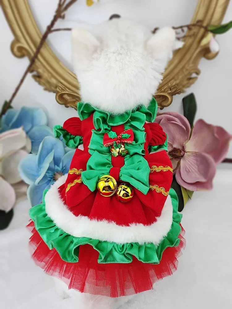 Handmade Winter Dog Clothes Coat Dress Pet Supplies Christmas One Piece Velour Costume Big Bow Soft Comfortable Holiday Party