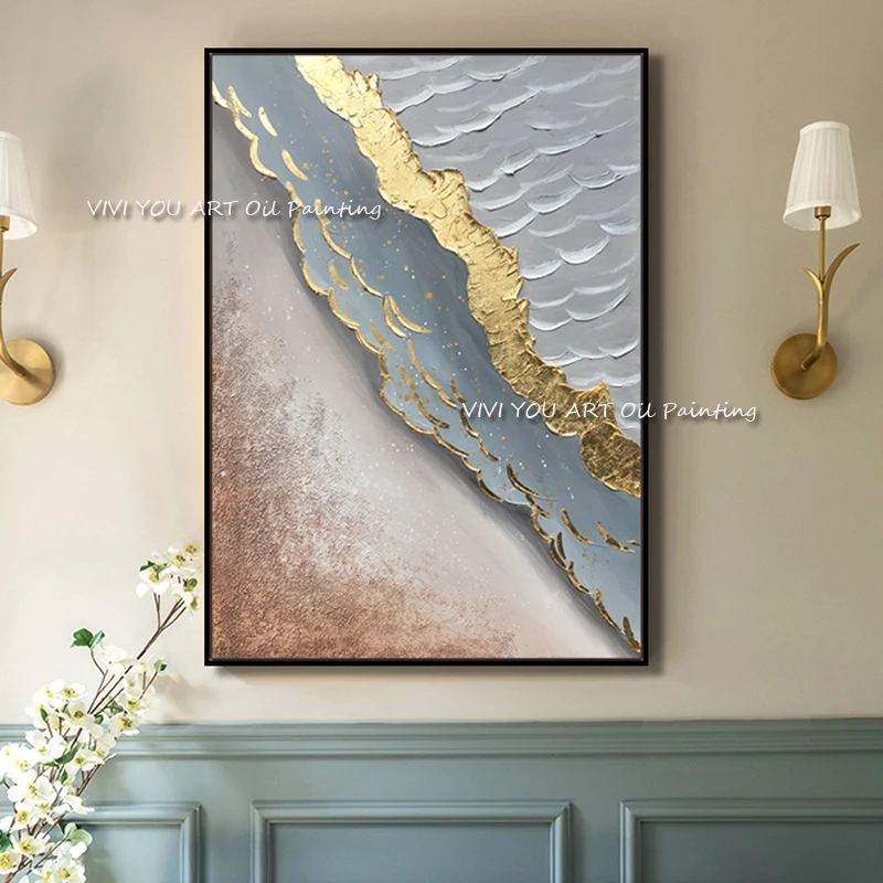 

Large Size 100% handmade Modern Abstract Ocean Oil Painting Golden Pink Art Canvas Pictures for Living Room hotel wall Decor