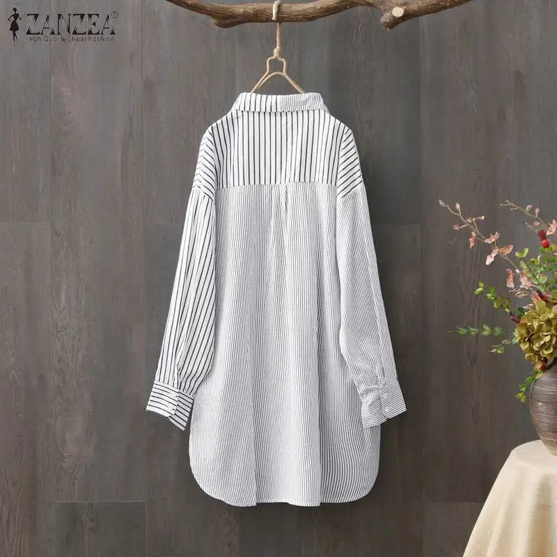 Oversized Women\'s Asymmetrical Shirts ZANZEA 2023 Elegant Striped Tops Casual Long Sleeve Blusas Female Button Stiching Tunic