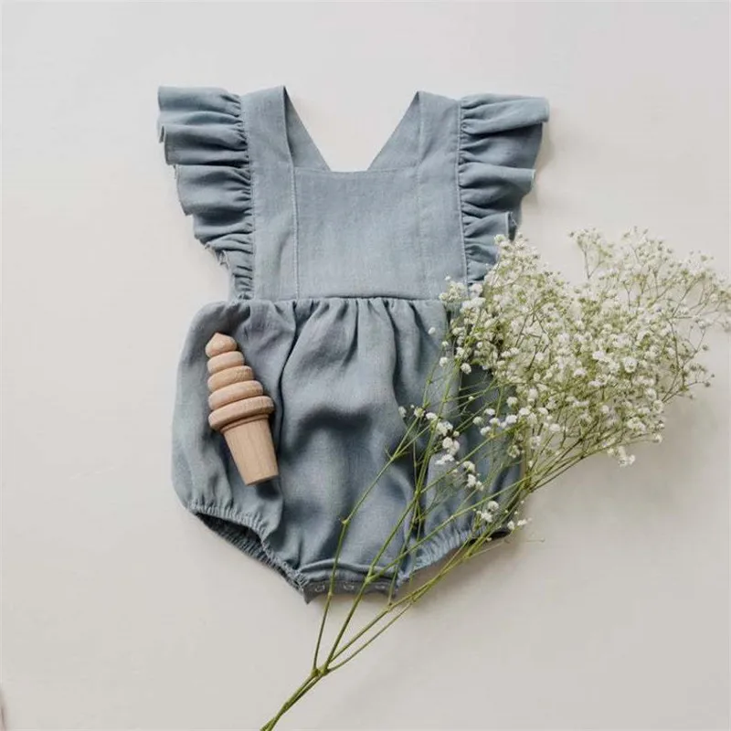 Adorable Linen Baby Clothes Ruffles Lace Sleeve Infant Bodysuit for Toddler Girls Clothing Princess Girls Romper One-Peice Suit