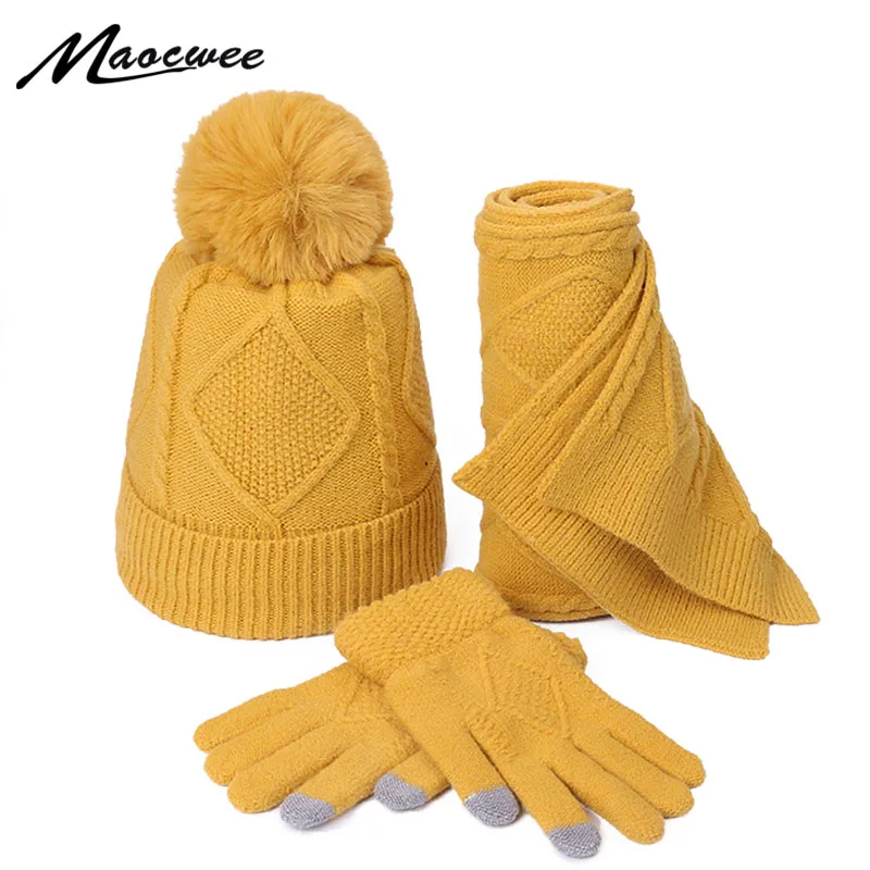 Women's Hat and scarf Gloves set three Pieces for Women Winter Kitted Wool hats for Girls Thick Warm Pom Hat scarf Glove Set