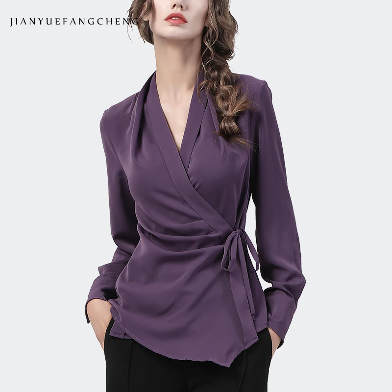 Fashion Womens Long Sleeve V-Neck Purple Lace-Up Shirt Elegant Slim Cinched Waist Tops 2021 Autumn New Office  Ladies Blouses