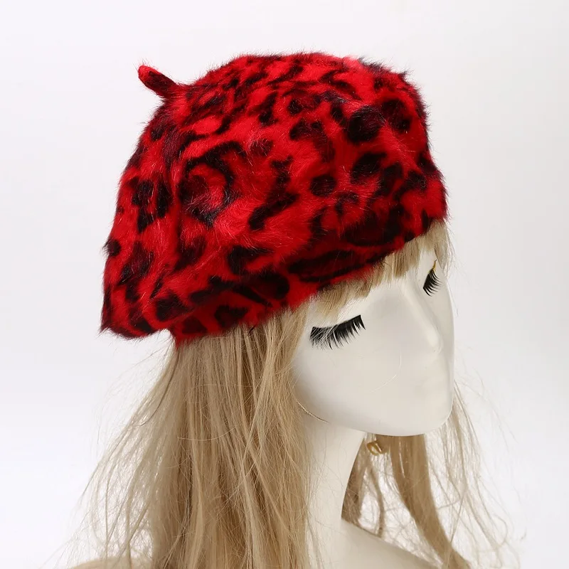 2024 Autumn and Winter Leopard Print Rabbit Fur Buckle Beret Painter Hat Octagonal Hat Women and Girl