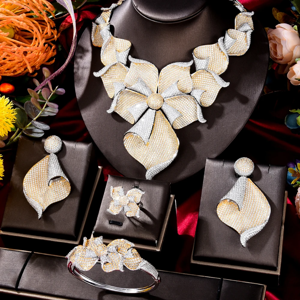 

Soramoore New Luxury Big Blooming flowers Bangle Earrings Necklace Ring Jewelry Set for women Wedding Indian Bridal Jewelry Set