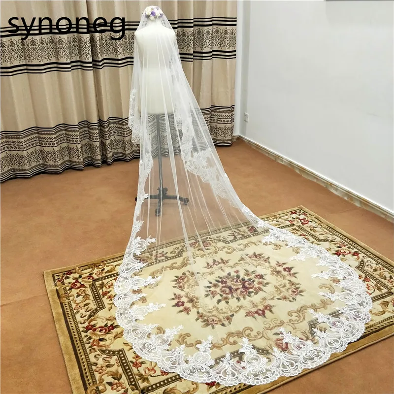 New Arrival  3m Cathedral Wedding Veils Long Bridal Veil 2019 One Layer White Ivory Lace Bride Veils Wedding Accessories