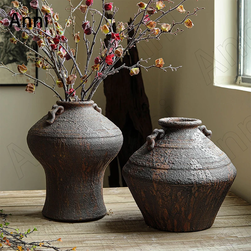 Creativity Antique Stoneware Vase Chinese Vintage Ceramic Dried Flower Vases Ornaments Bionic Ancient Bronzes Home Decoration